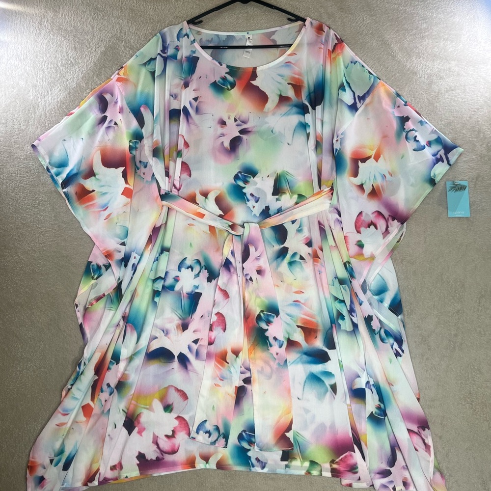 Apana Resort White Multi-Colored Stencil Floral Print Flowing Kaftan Dress SZ L